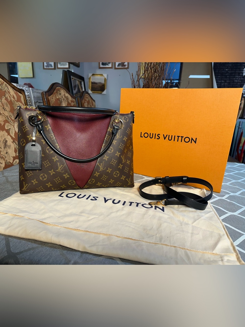 Louis Vuitton Monogram Canvas Bag with Burgundy V-Front and Black Trim